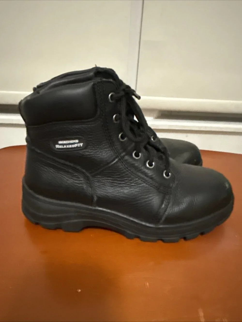 Women’ SKECHERS Relaxed Fit Steel Toe/Memory Foam Oil Resist Black Boots Sz 7.5